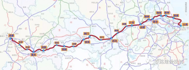 沿江高铁客运主通道线路走向示意图▼沪渝蓉高速铁路上海至合肥段